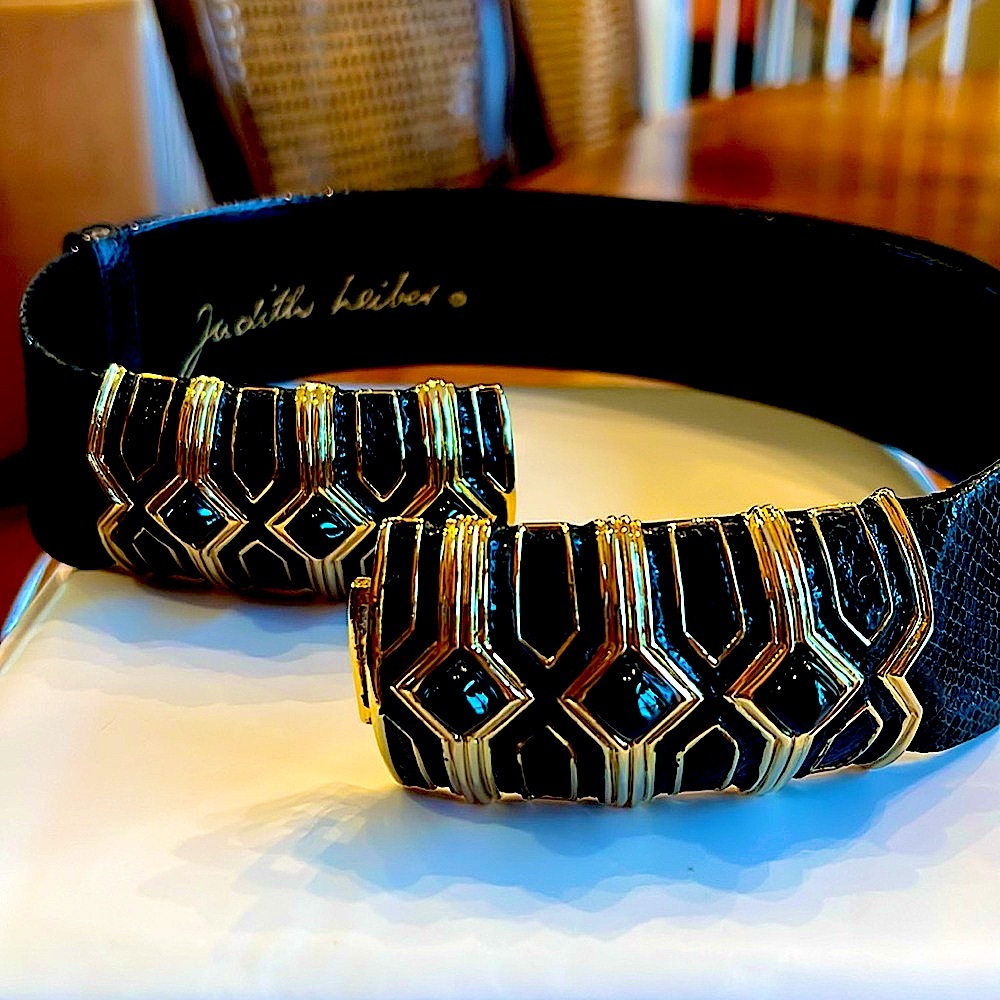 Judith LeiberSignedOnyx&GoldSnakeskin AdjustableWideBlackBeltRareCollectibleMint